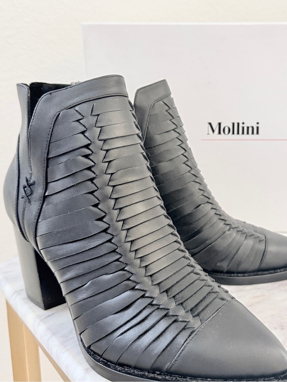🖤 Anthropologie Mollini Genuine Leather Black Braided Woven Leather Ankle Boots